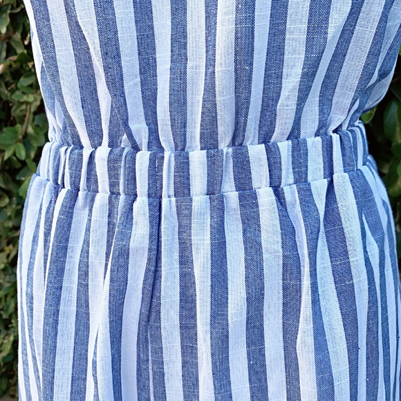 Wide Leg Linen Blue and White Striped Jumpsuit - Picture 3 of 6